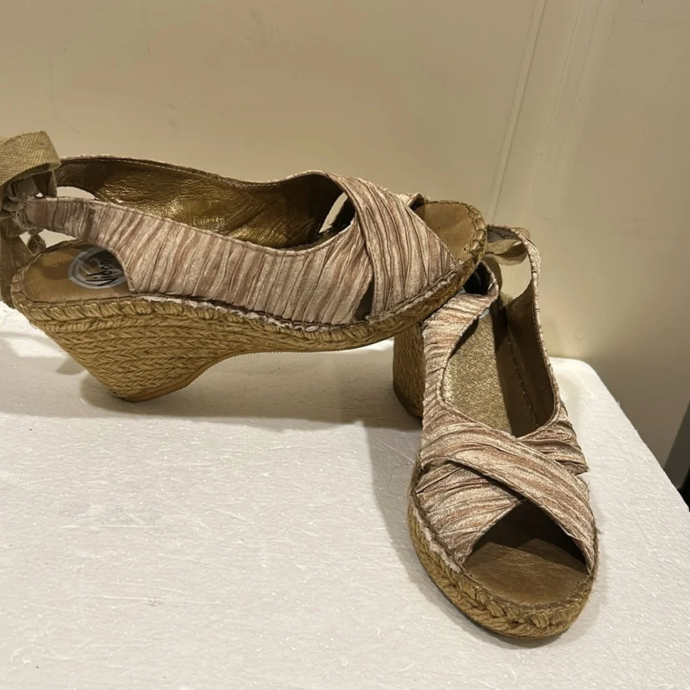 Vidorreta Espadrille Wedge Sandals open toe sling back faux tie satiny pleat 38